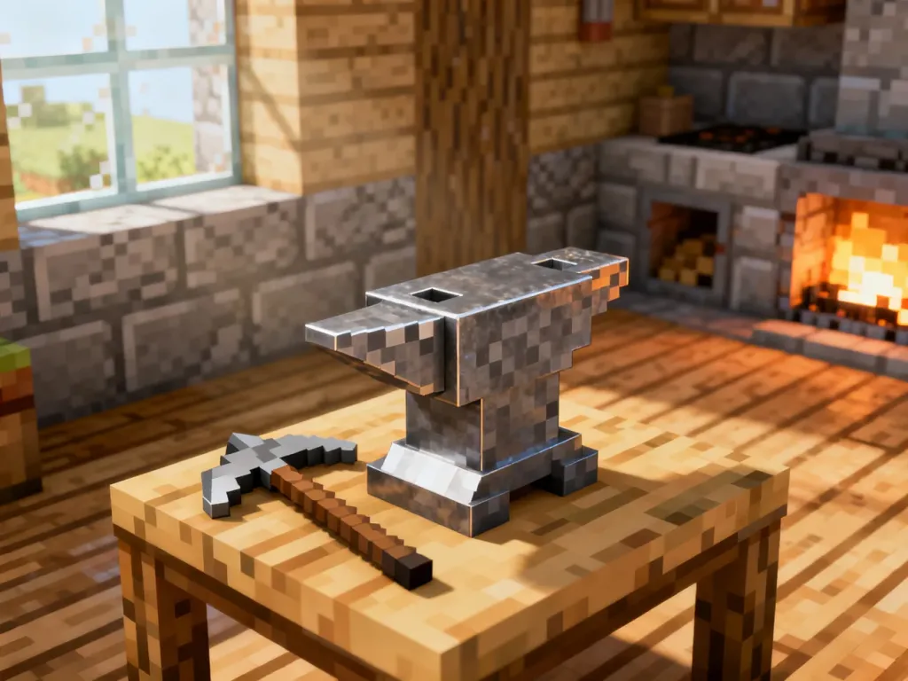 Kowadło i żelazny kilof na stole w Minecraft, w tle przytulny domek z piecem – ilustracja poradnika krok po kroku.