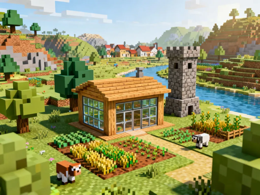 Przytulna baza w Minecraft: drewniany domek, farma ze zwierzętami i kamienna wieża na tle zróżnicowanych biomów i wioski.