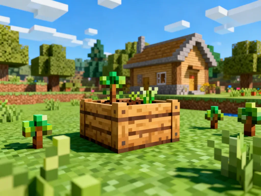 Prosty kompostownik w Minecraft z drewnianych bloków na trawie, obok sadzonki, w tle farma i drzewa pod kwadratowymi chmurami