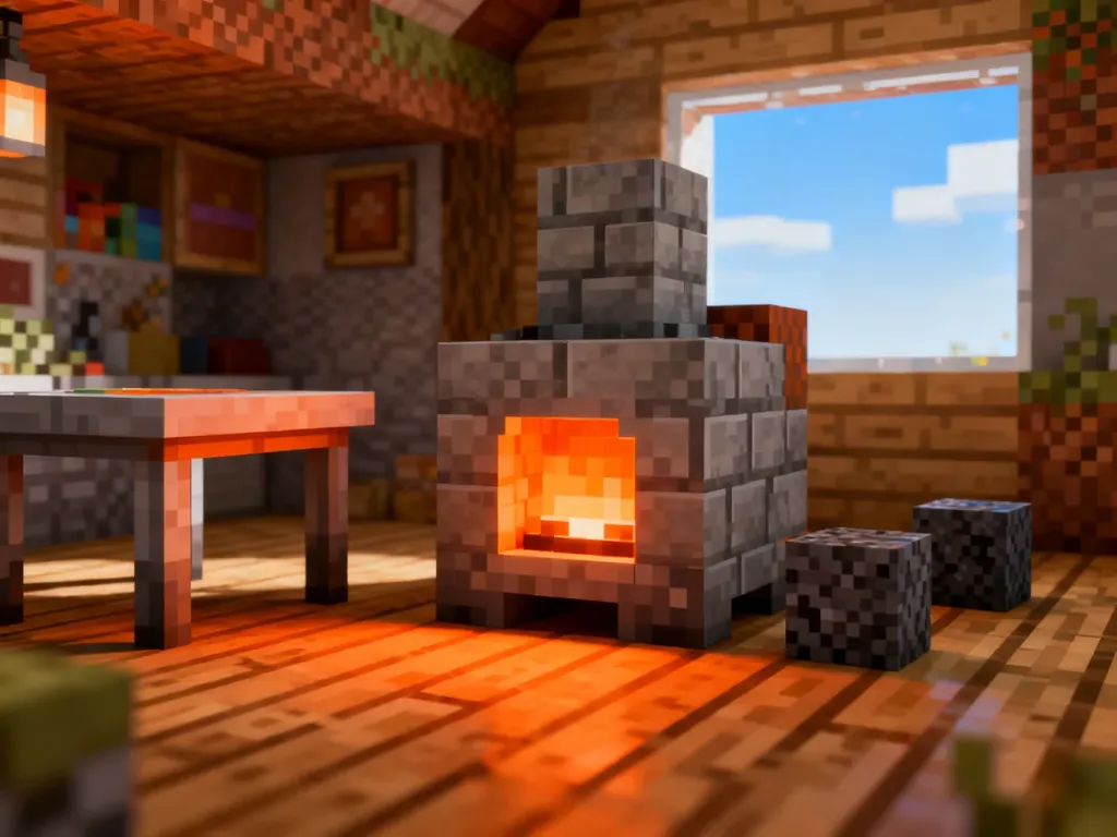 Prosty piec hutniczy w Minecraft z kamiennych bloków we wnętrzu domu, obok stół rzemieślniczy i rudy do przetapiania