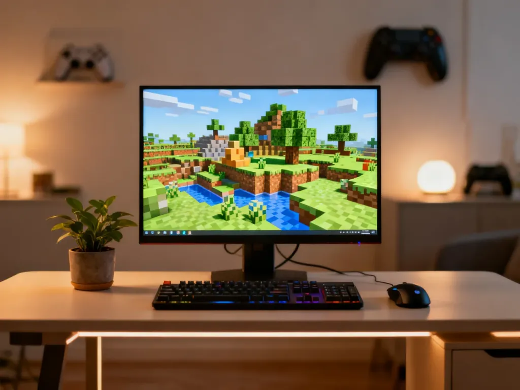 Przytulne biurko z monitorem pokazującym kolorową mapę w Minecraft, idealne miejsce do tworzenia własnych map w grze.