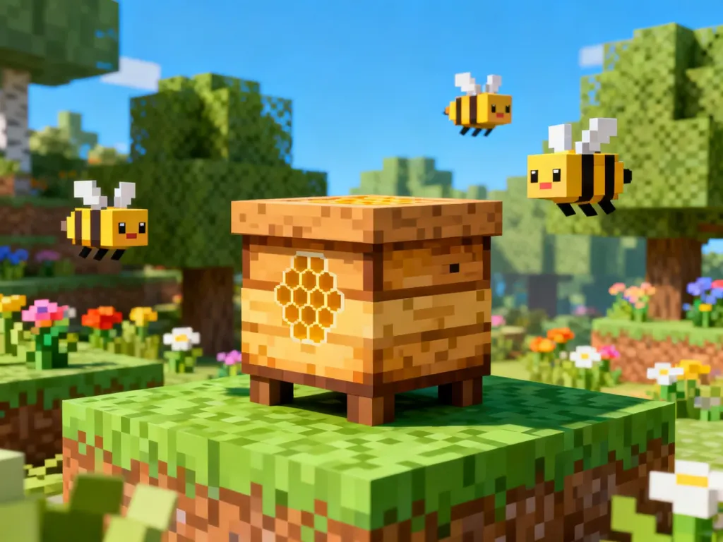 Ul pszczeli w stylu Minecraft na trawie, z latającymi pszczołami w kolorowym, blokowym lesie w tle