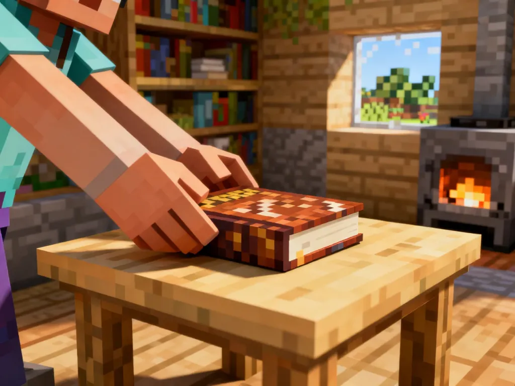 Ręce gracza kładą pikselową książkę na drewnianym stole rzemieślniczym w stylu Minecraft w przytulnym, kolorowym wnętrzu.